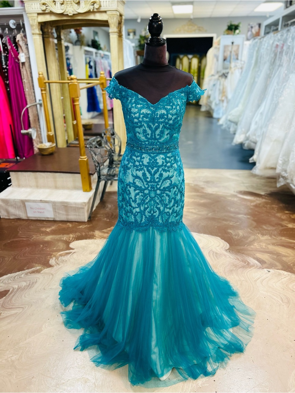 Mon Cheri Teal Off-The-Shoulder Mermaid Prom Dress